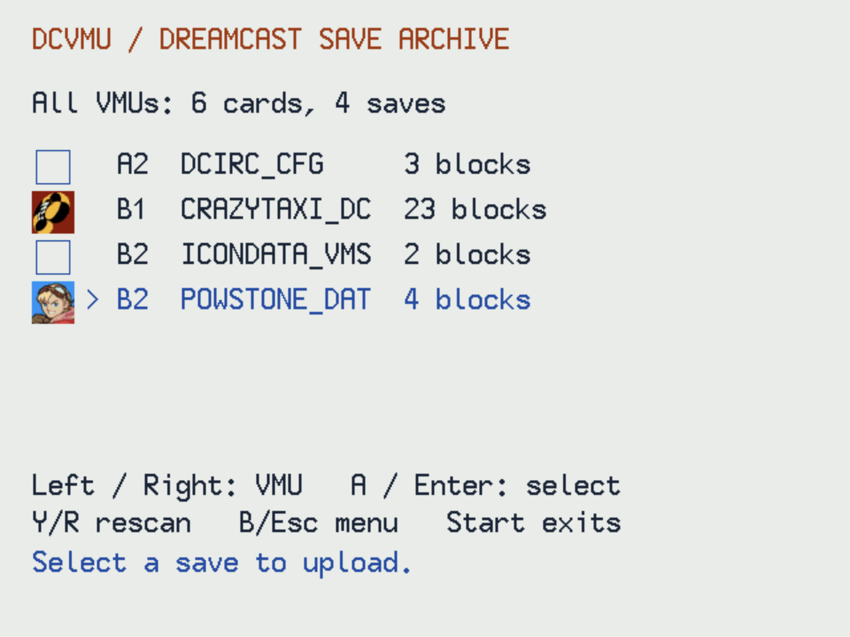 DCVMU browsing saves across multiple VMUs, with Power Stone selected